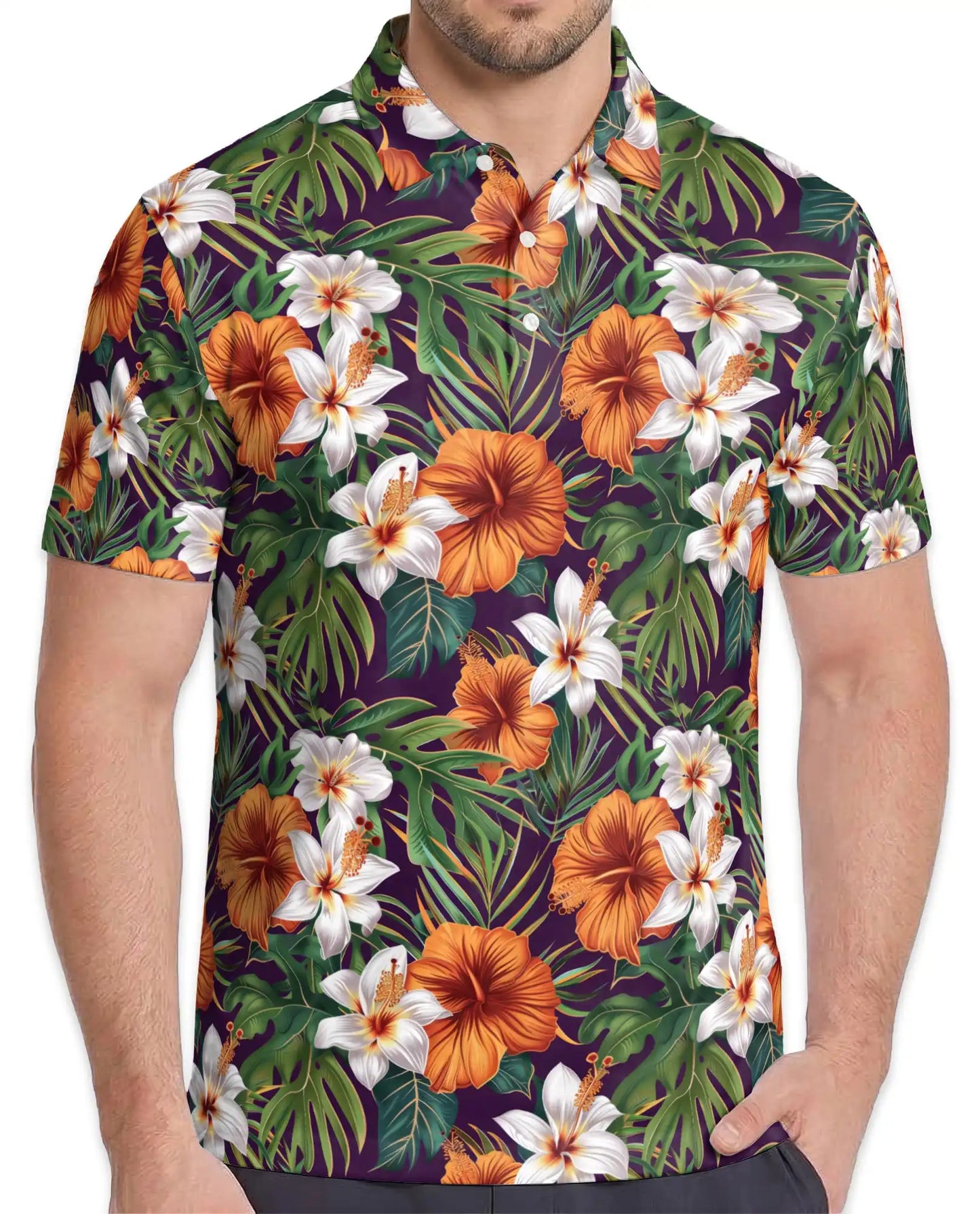 Hibiscus Lily Polo Shirt for Men, Tropical Floral Style | Azhawaiian