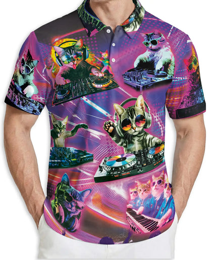 DJ Cat Party Polo Shirt-Neon Music Festival Funny Cat DJ Design | Azhawaiian