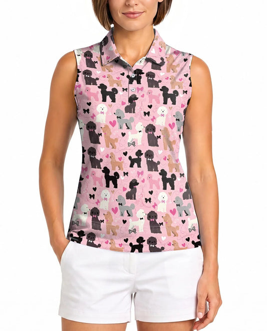 Pink Poodle Print Sleeveless Polo Shirt for Women, Cute Dog Lover Style | Azhawaiian