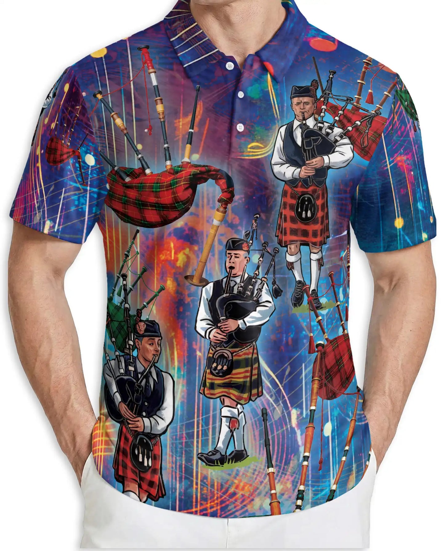 Scottish Bagpipe Musician 3D Polo Shirt for Men, Celtic Highland Style | Azhawaiian