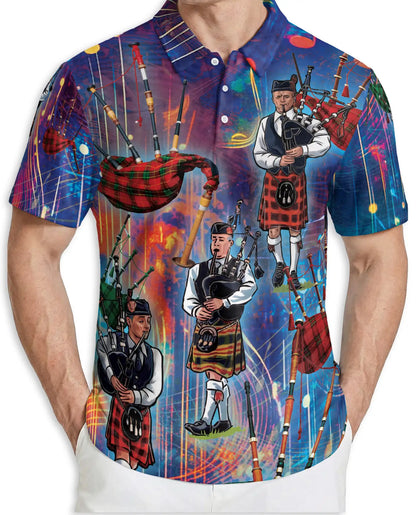 Scottish Bagpipe Musician 3D Polo Shirt for Men, Celtic Highland Style | Azhawaiian