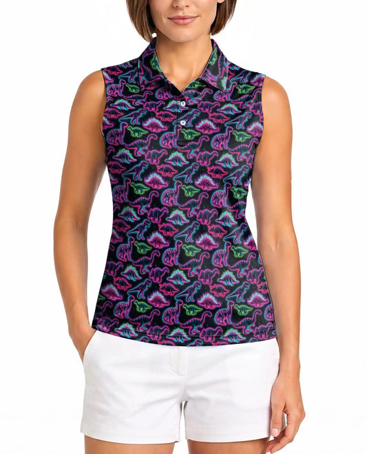 Neon Dinosaur Print Sleeveless Polo Shirt for Women | Azhawaiian