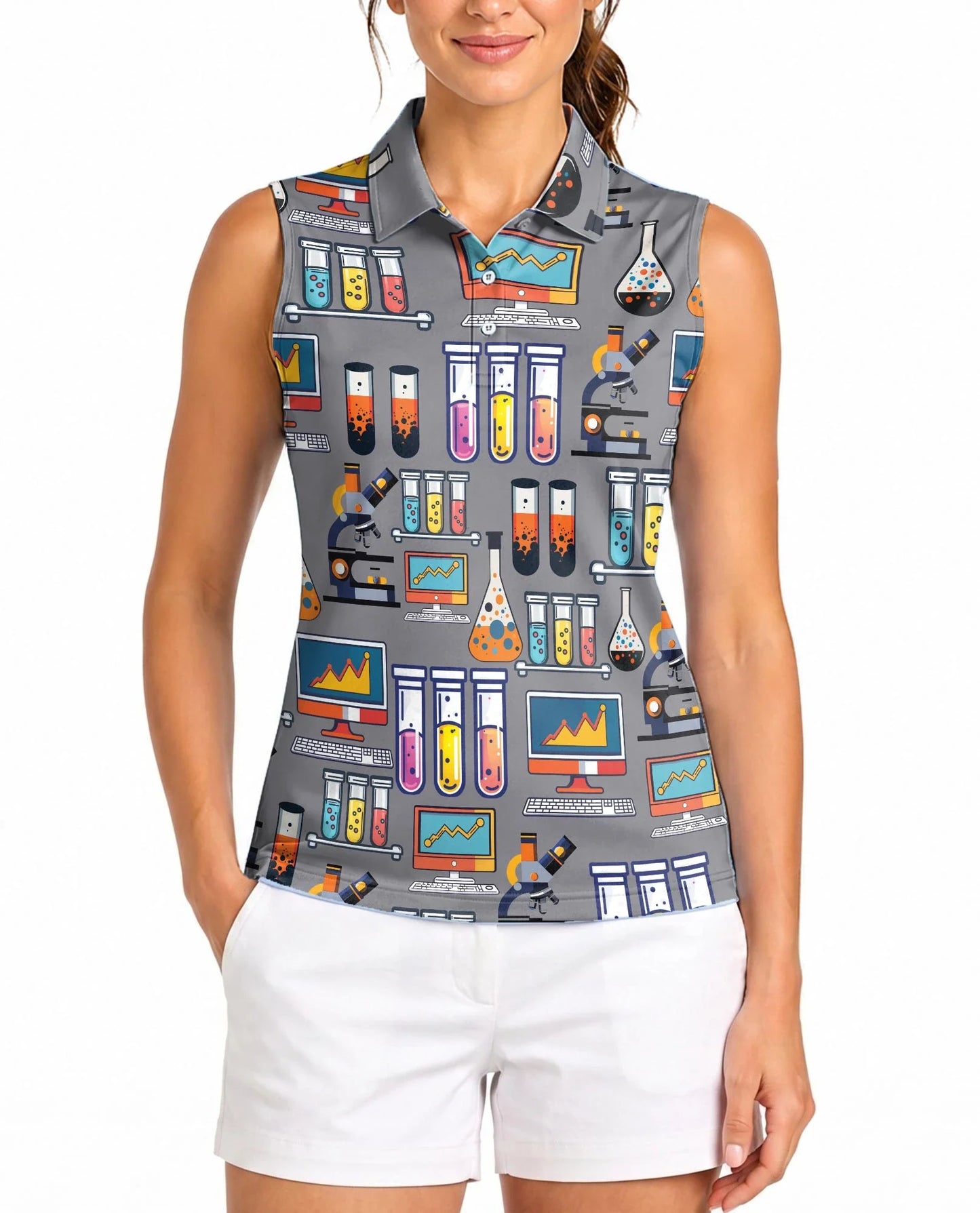 Science Lab Doodle Pattern Sleeveless Polo Shirt for Women | Azhawaiian