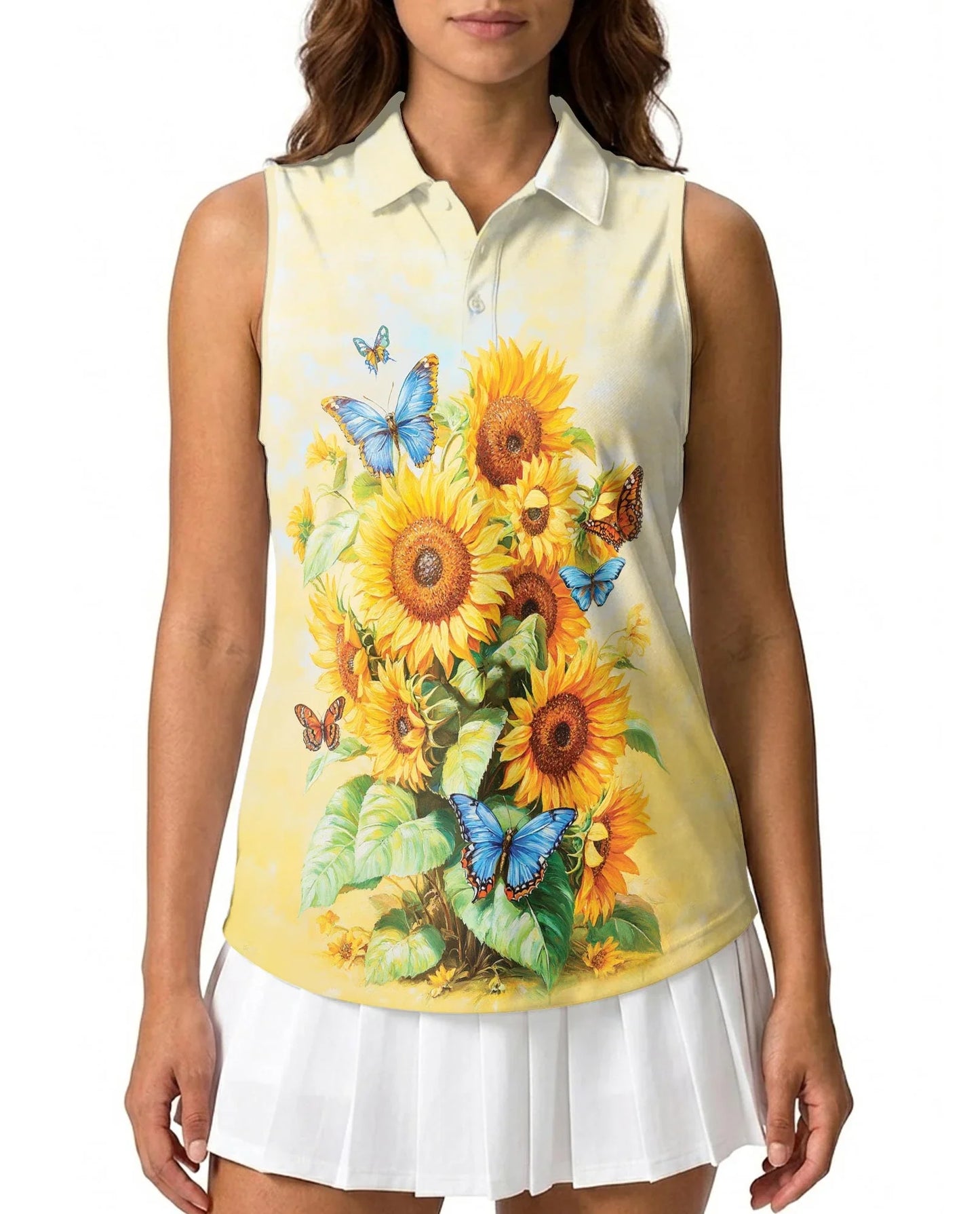 Sunflower Butterfly Sleeveless Polo Shirt for Women | Azhawaiian
