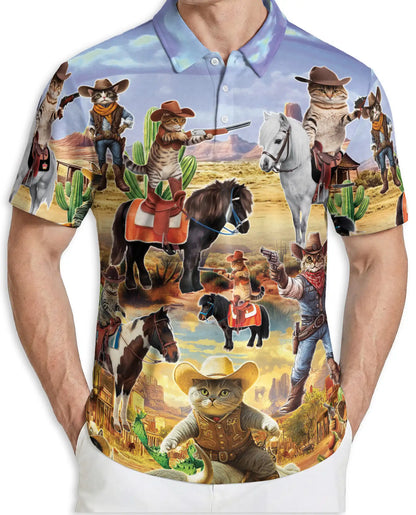 Funny Cowboy Cat 3D Polo Shirt for Men, Wild West Western Pet Style | Azhawaiian