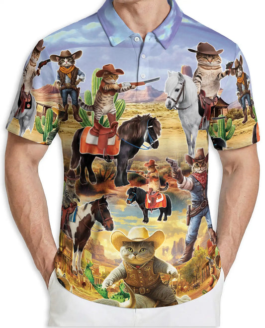 Funny Cowboy Cat 3D Polo Shirt for Men, Wild West Western Pet Style | Azhawaiian