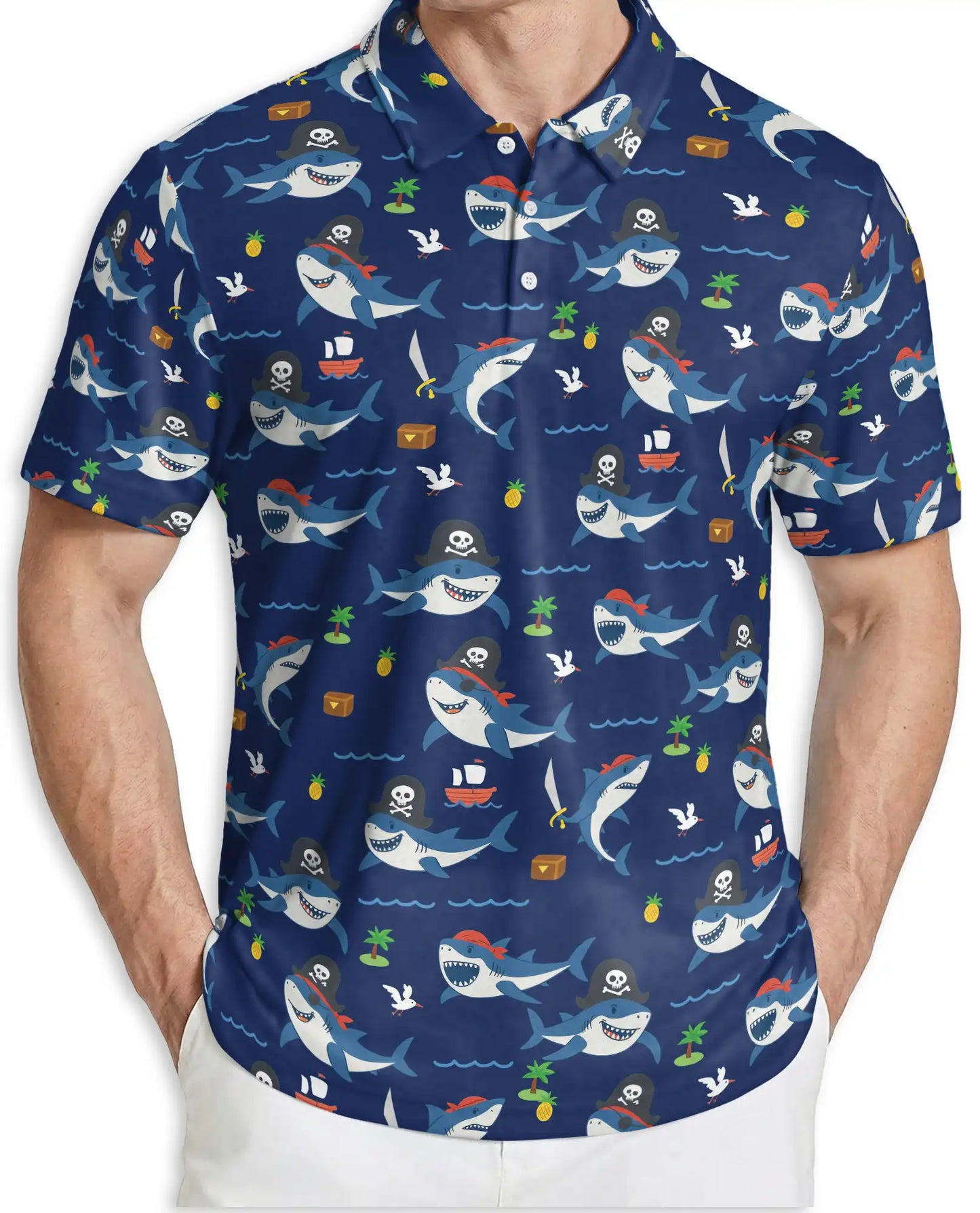 Pirate Shark Ocean Adventure Polo Shirt for Men | Azhawaiian