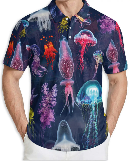 Jellyfish Polo Shirt, Colorful Deep Sea Ocean Print | Azhawaiian