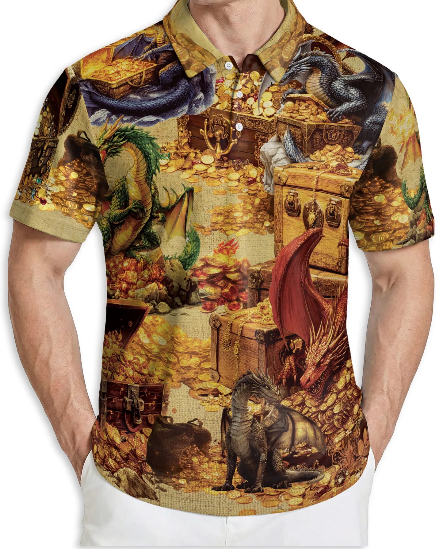 Dragon Treasure 3D Polo Shirt for Men, Fantasy Gold Hoard Style | Azhawaiian