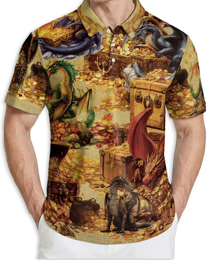 Dragon Treasure 3D Polo Shirt for Men, Fantasy Gold Hoard Style | Azhawaiian