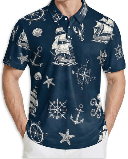 Nautical Sailing Polo Shirt, Vintage Ocean Print | Azhawaiian