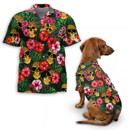 Pineapple Skull Hibiscus Matching Dog Owner Hawaiian Shirts, Funny Pet Aloha Shirt for Beach Vacation - Azhawaiian