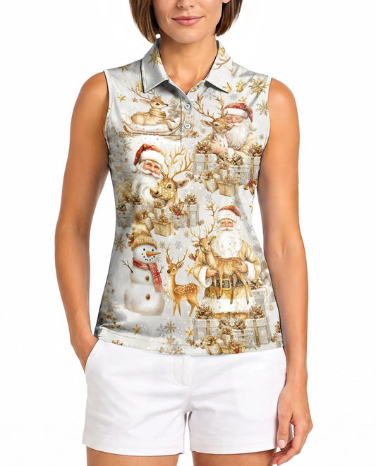 Christmas Golden Sleeveless Polo Shirt for Women, Elegant Holiday Style | Azhawaiian