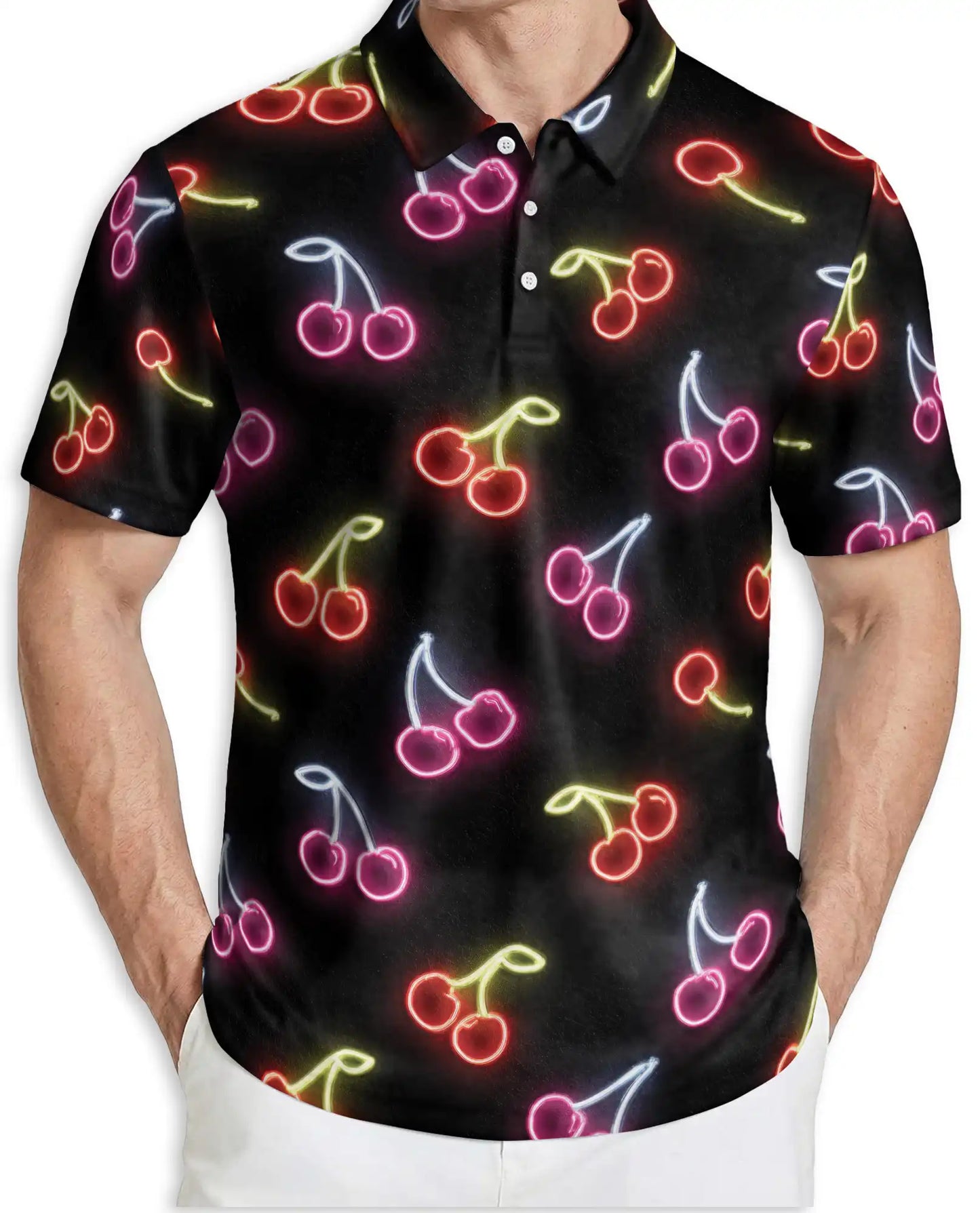 Neon Cherry Polo Shirt for Men- Retro Fruit Glow Aesthetic Shirt | Azhawaiian