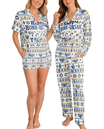 Happy Honk-ukkah Hanukkah Pajama Set for Women – Funny Goose & Menorah Print