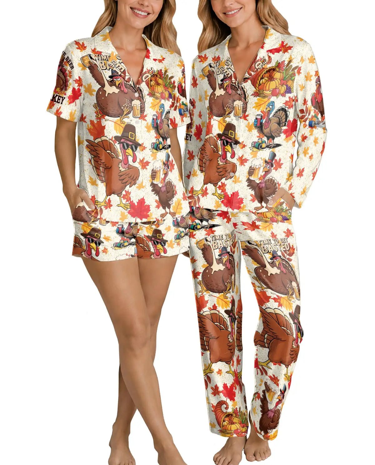 Funny Thanksgiving Turkey Pajama Set for Women – Beer & Fall Print