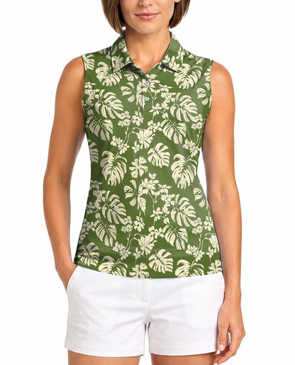 Green Monstera Leaf Sleeveless Polo Shirt for Women, Tropical Botanical Style | Azhawaiian