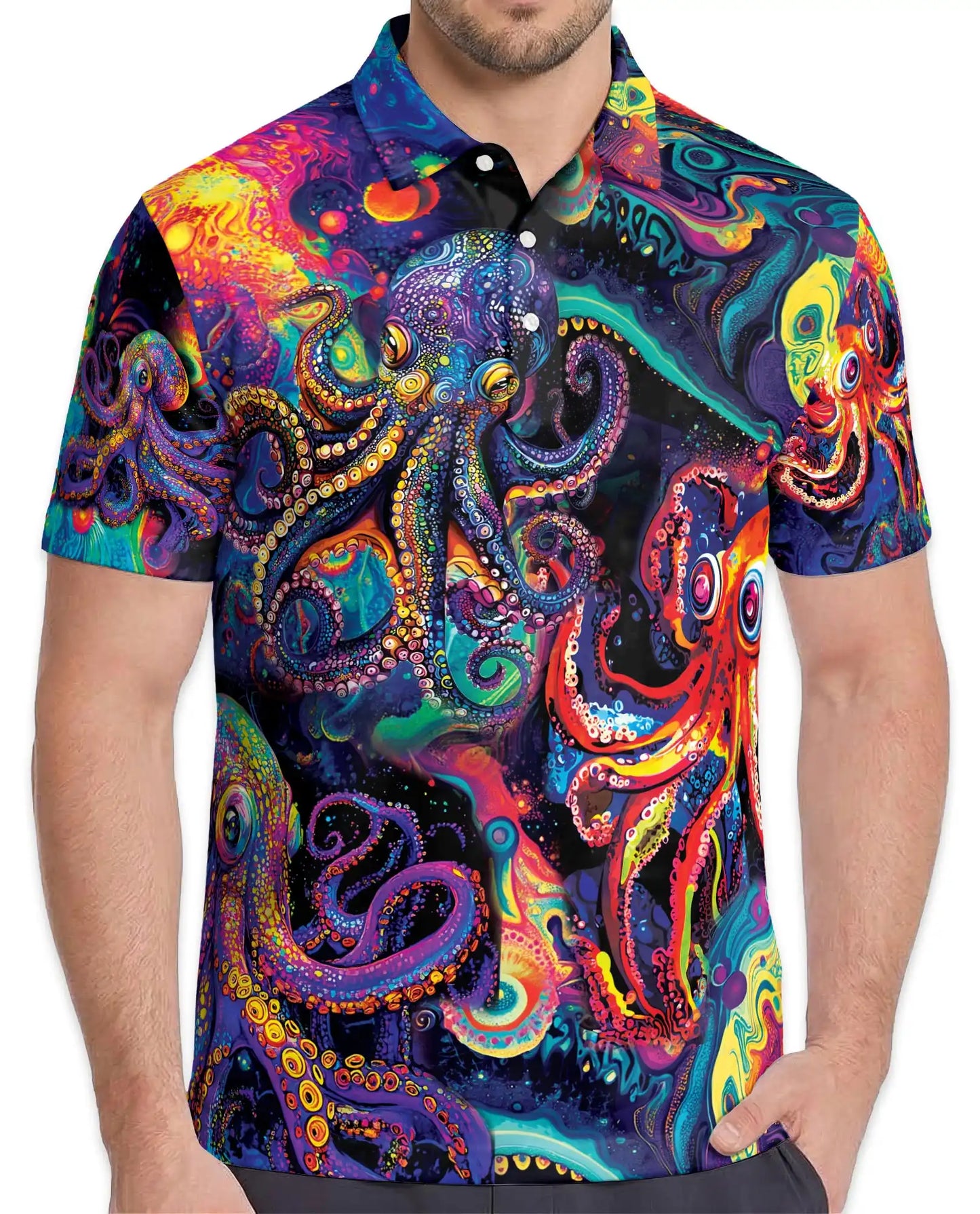 Psychedelic Octopus Polo Shirt, Colorful Ocean Style | Azhawaiian