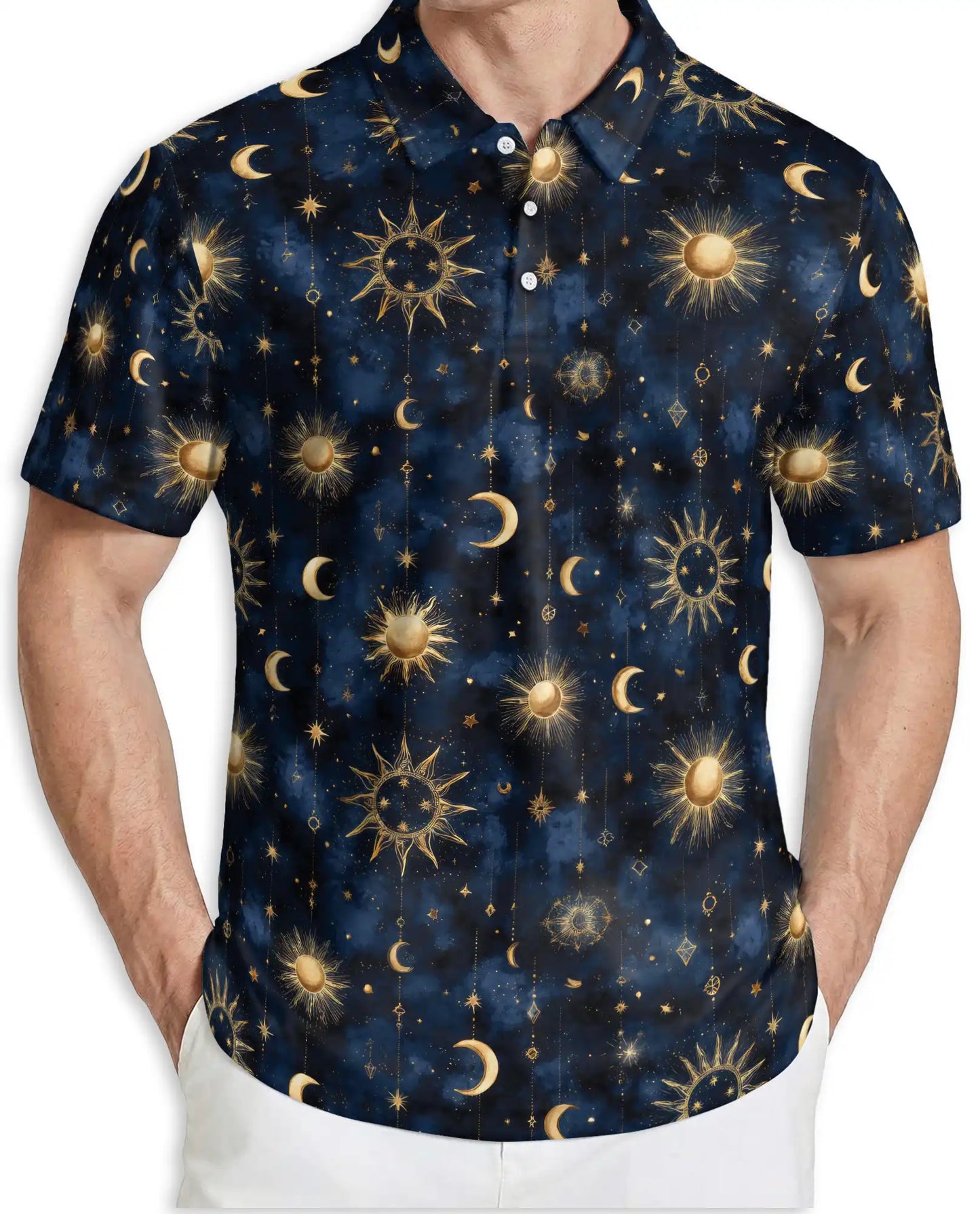 Celestial Sun Moon Polo Shirt for Men- Starry Night Pattern | Azhawaiian