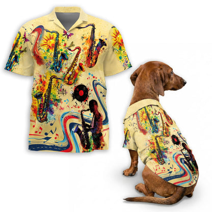 Saxophone Matching Dog Owner Hawaiian Shirts, Funny Pet Aloha Shirt for Beach Vacation - Azhawaiian