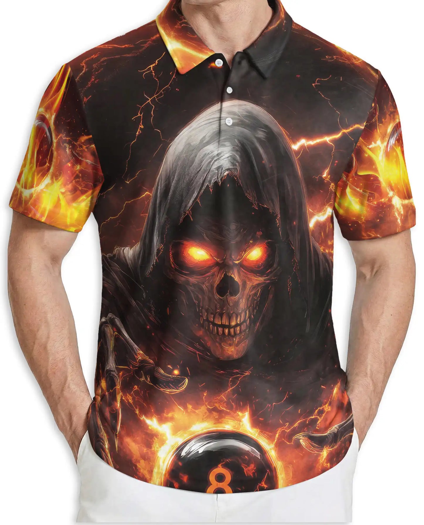 Dark Grim Reaper Skull 3D Polo Shirt for Men, Fiery Gothic Horror Style | Azhawaiian
