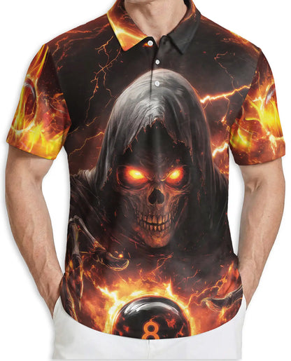 Dark Grim Reaper Skull 3D Polo Shirt for Men, Fiery Gothic Horror Style | Azhawaiian