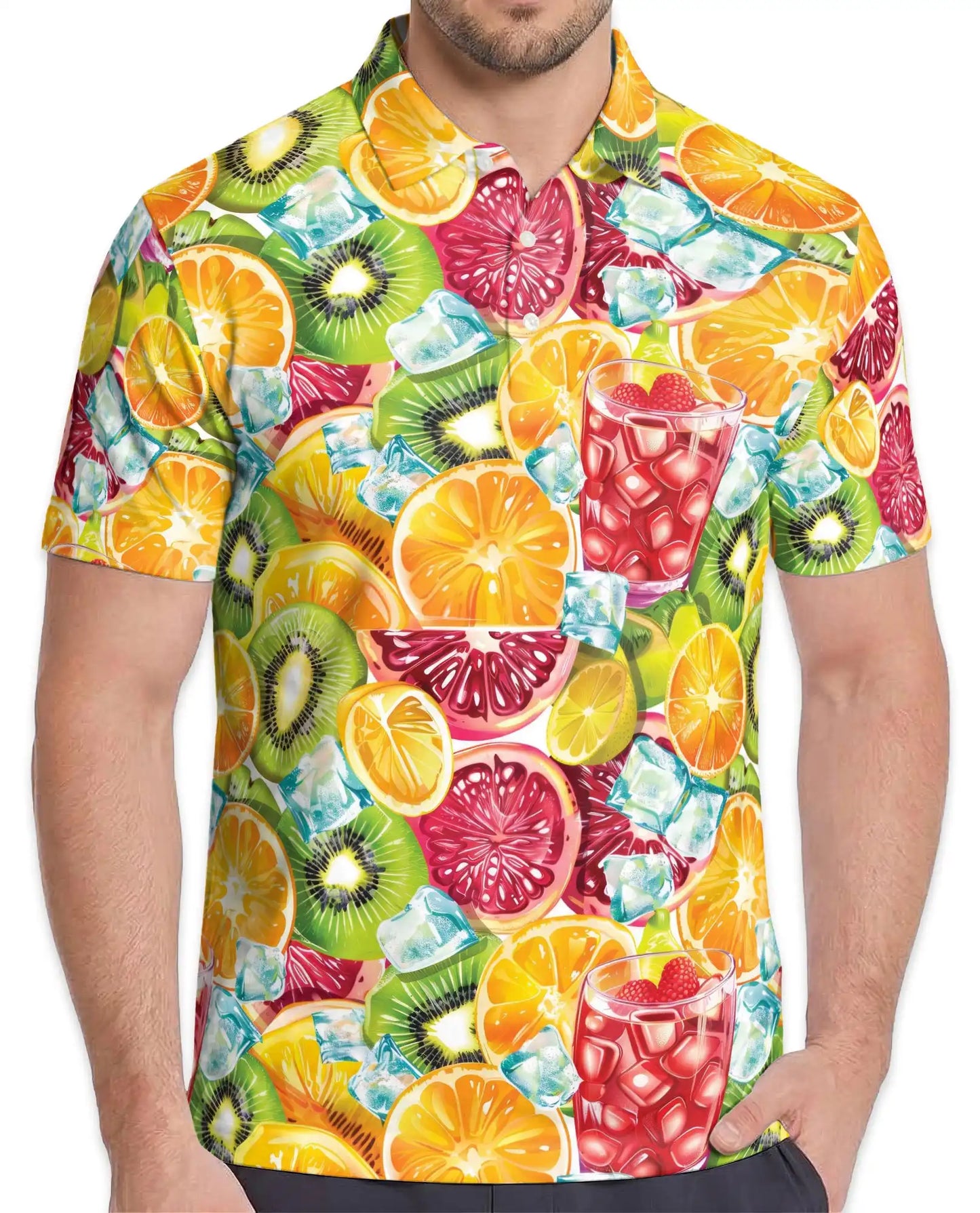 Tropical Citrus Fruit Cocktail Polo Shirt for Men-Orange Kiwi Shirt | Azhawaiian