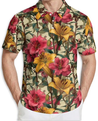 Vintage Lily Garden Floral Polo Shirt-Botanical Flower Pattern Design | Azhawaiian