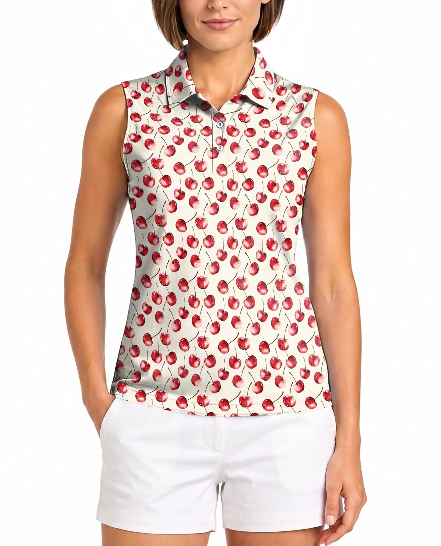 Cherry Pattern Sleeveless Polo Shirt for Women | Azhawaiian