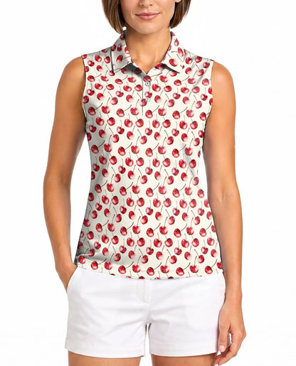 Cherry Pattern Sleeveless Polo Shirt for Women | Azhawaiian