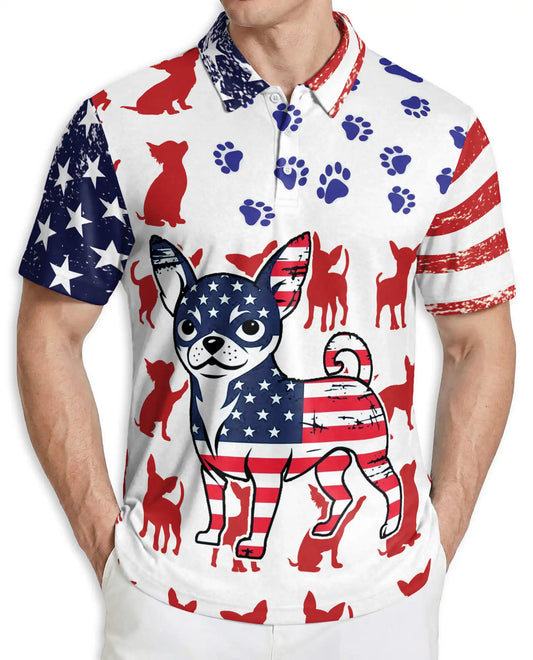 Patriotic Chihuahua Polo Shirt, American Flag Dog Print | Azhawaiian
