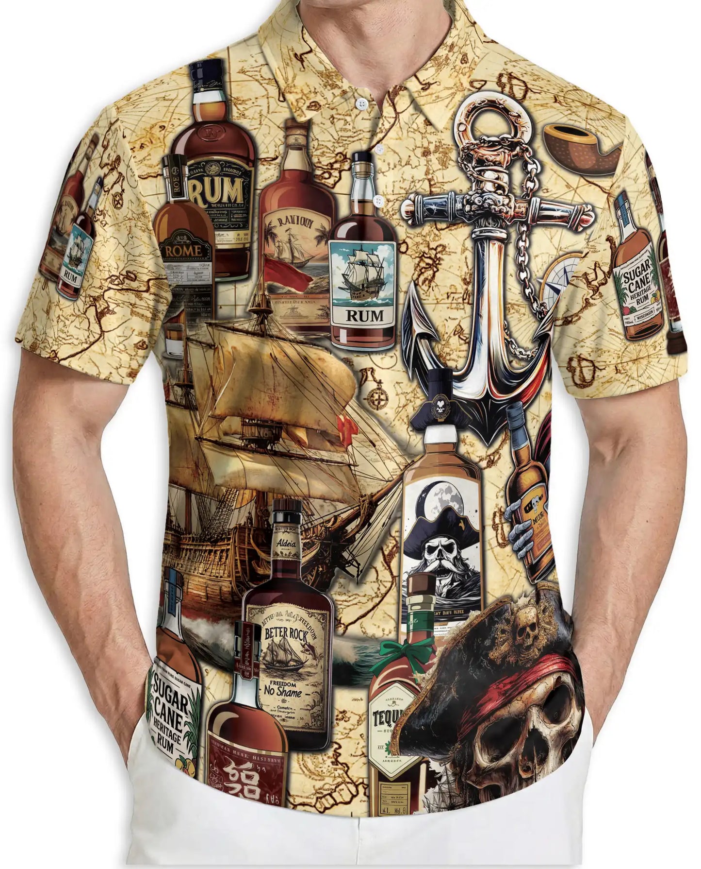 Pirate Rum Polo Shirt, Nautical Treasure Map Print | Azhawaiian