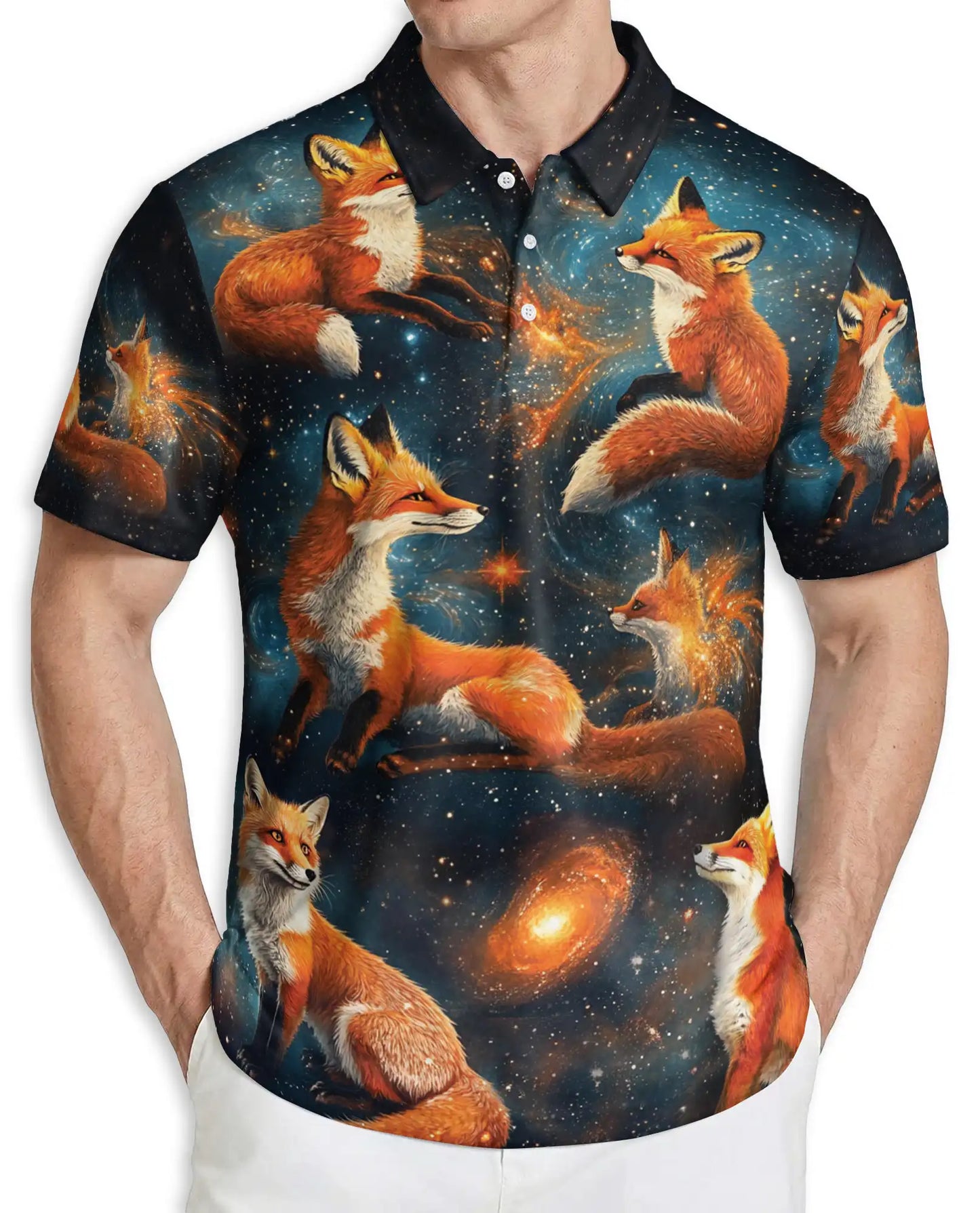 Galaxy Fox Polo Shirt, Cosmic Animal Print | Azhawaiian