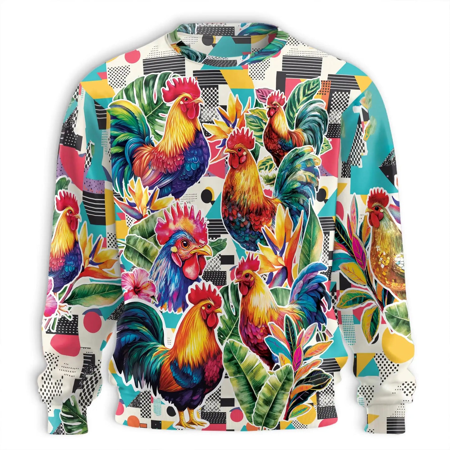 Vibrant Rooster Tropical Leaves Sweatshirt – Tropical 3D All Over Print Design