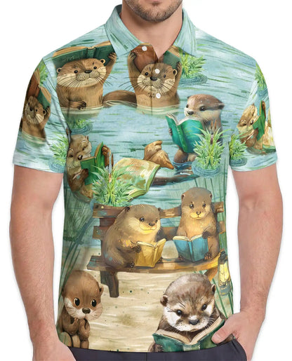 Cute Otter Reading Polo Shirt - Cozy Book Lover Animal Style | Azhawaiian