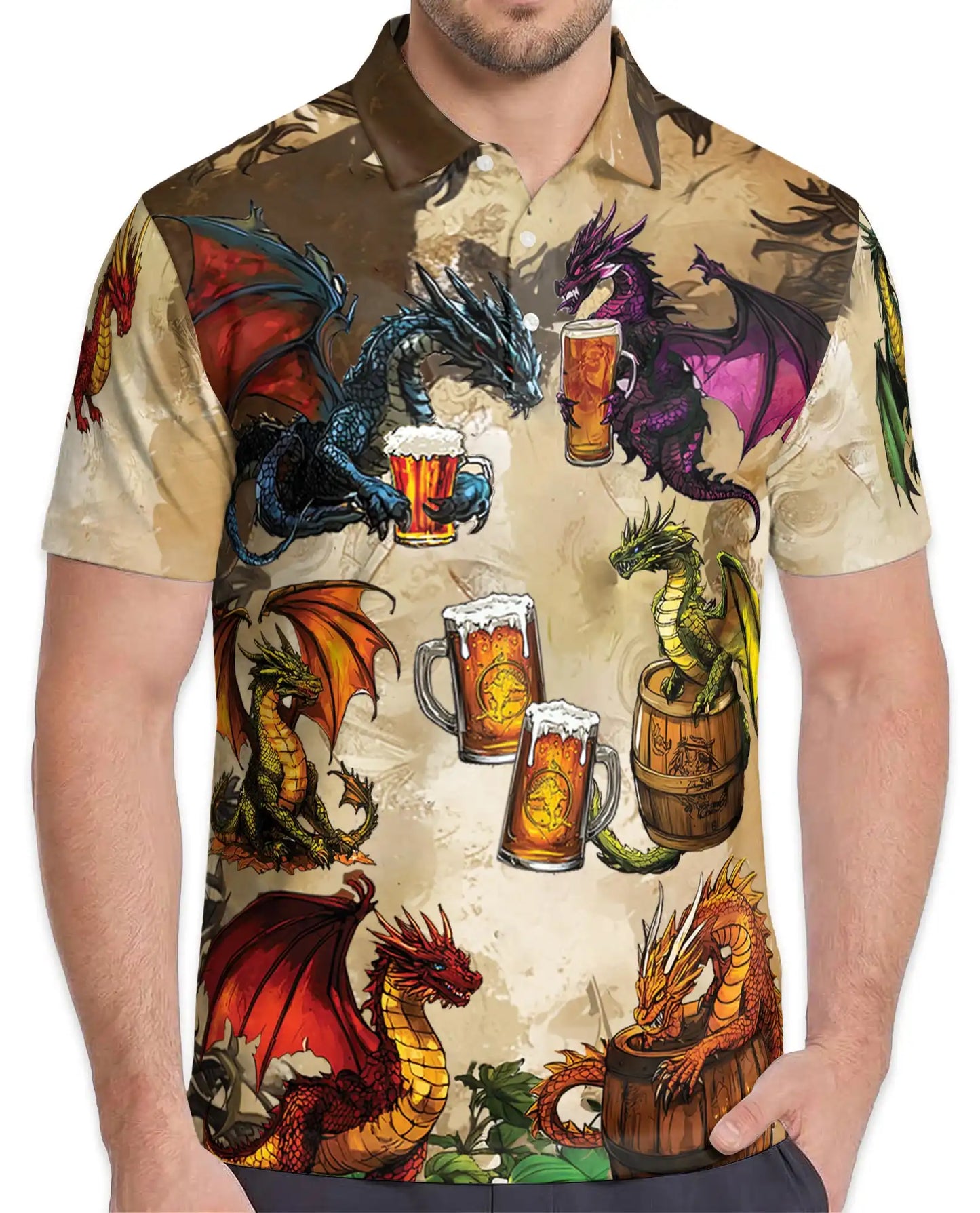 Fantasy Dragon Beer Polo Shirt - Medieval Tavern Style | Azhawaiian