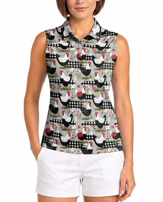 Chicken And Fence Sleeveless Polo Shirt for Women  | Azhawaiian