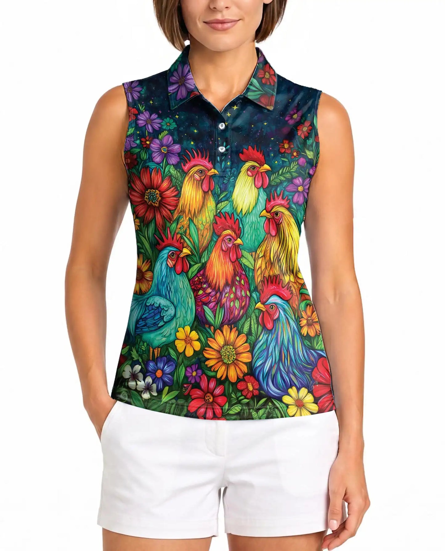 Colorful Chicken Farm Summer Sleeveless Polo Shirt for Women  | Azhawaiian