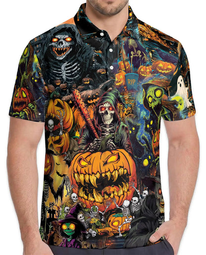 Halloween Monster Polo Shirt for Men, Spooky Pumpkin Style | Azhawaiian
