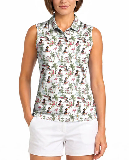 Dachshund Flamingo Tropical Sleeveless Polo Shirt for Women | Azhawaiian