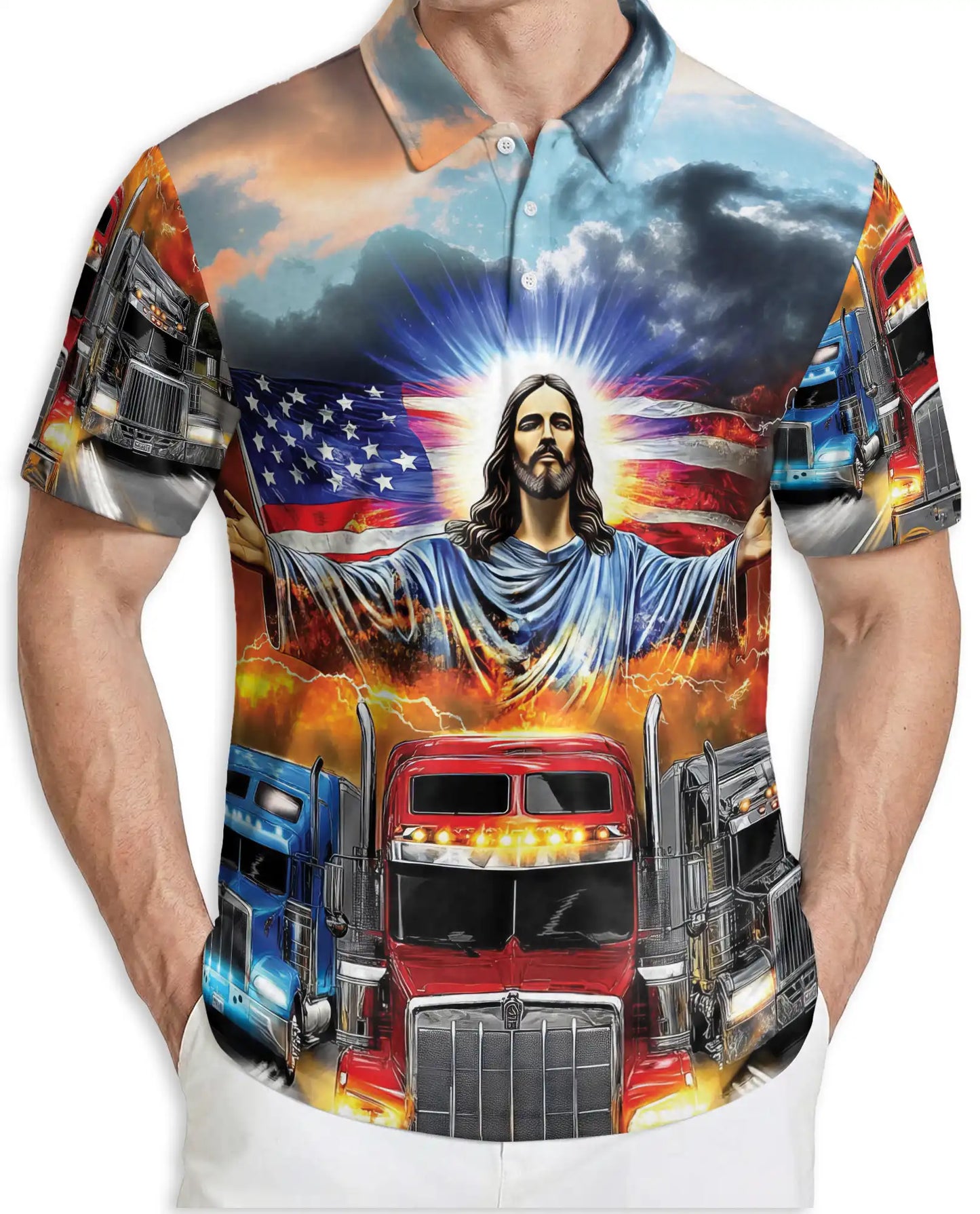 Jesus Truck Driver 3D Polo Shirt for Men, Patriotic American Trucker Style | Azhawaiian
