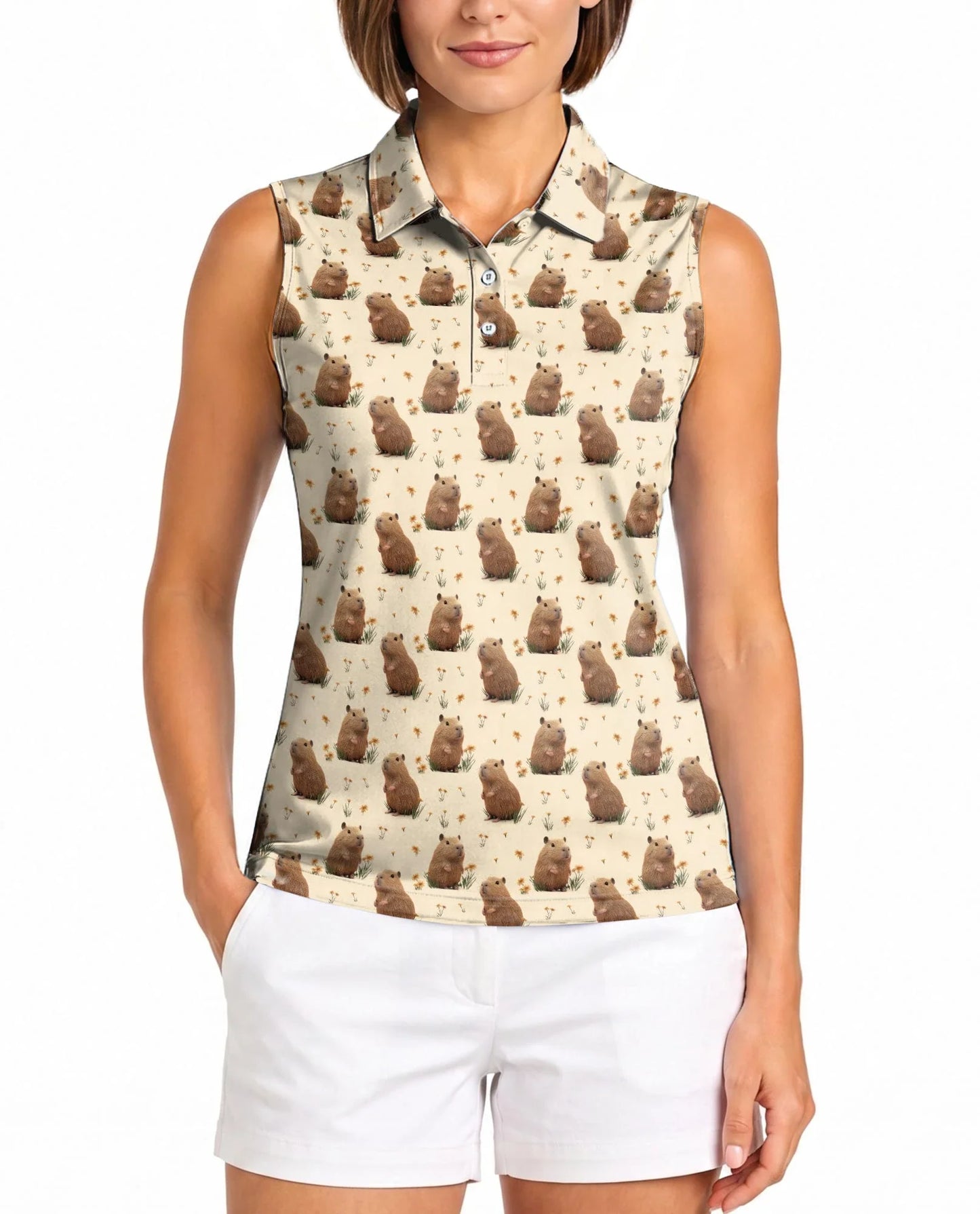 Capybara Pattern Sleeveless Polo Shirt for Women