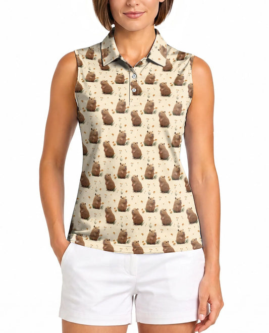 Capybara Pattern Sleeveless Polo Shirt for Women | Azhawaiian