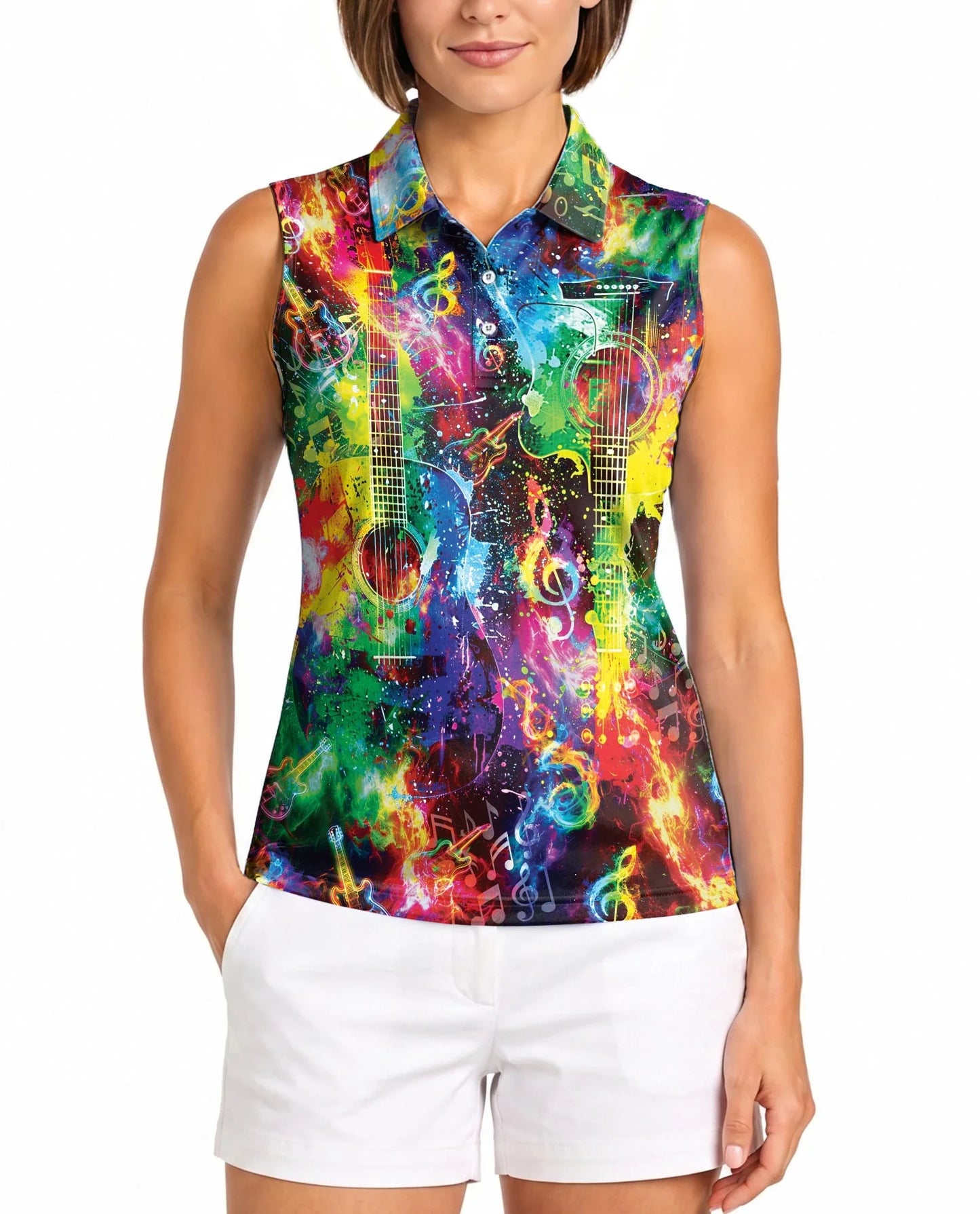 Amazing Rainbow Guitar Sleeveless Polo Shirt for Women| Azhawaiian