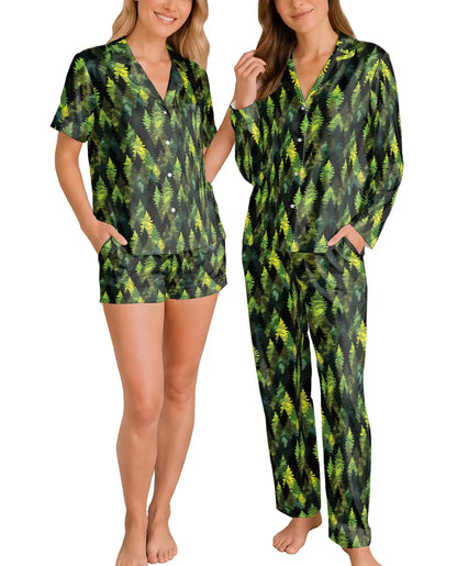 Evergreen Pine Forest Pajama Set for Women – Dark Woodland Tree Camo Print