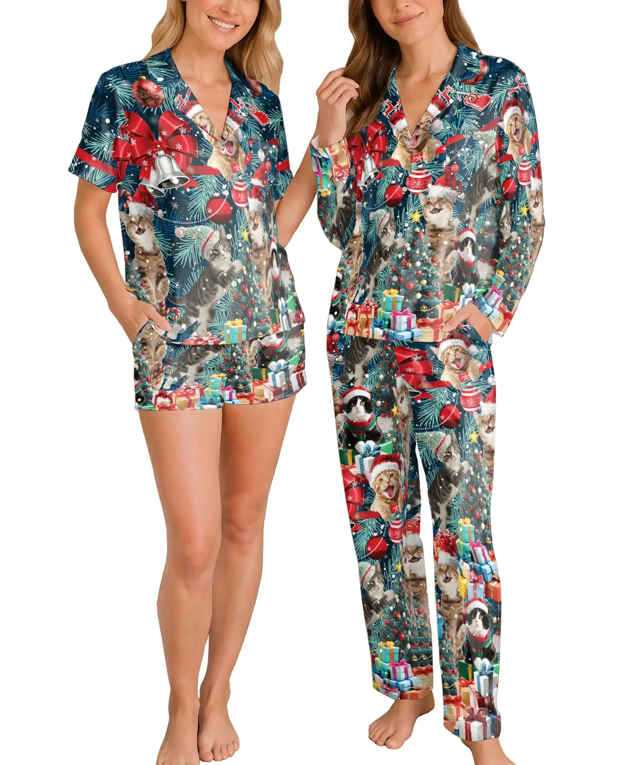 Christmas Kittens Pajama Set for Women – Festive Cats & Gift Boxes Print