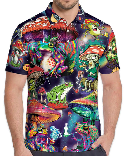 Frog Mushroom Polo Shirt for Men, Colorful Trippy Design | Azhawaiian