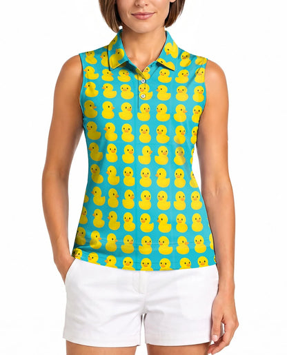 Cute Duck Print Sleeveless Polo Shirt for Women, Adorable Animal Style | Azhawaiian