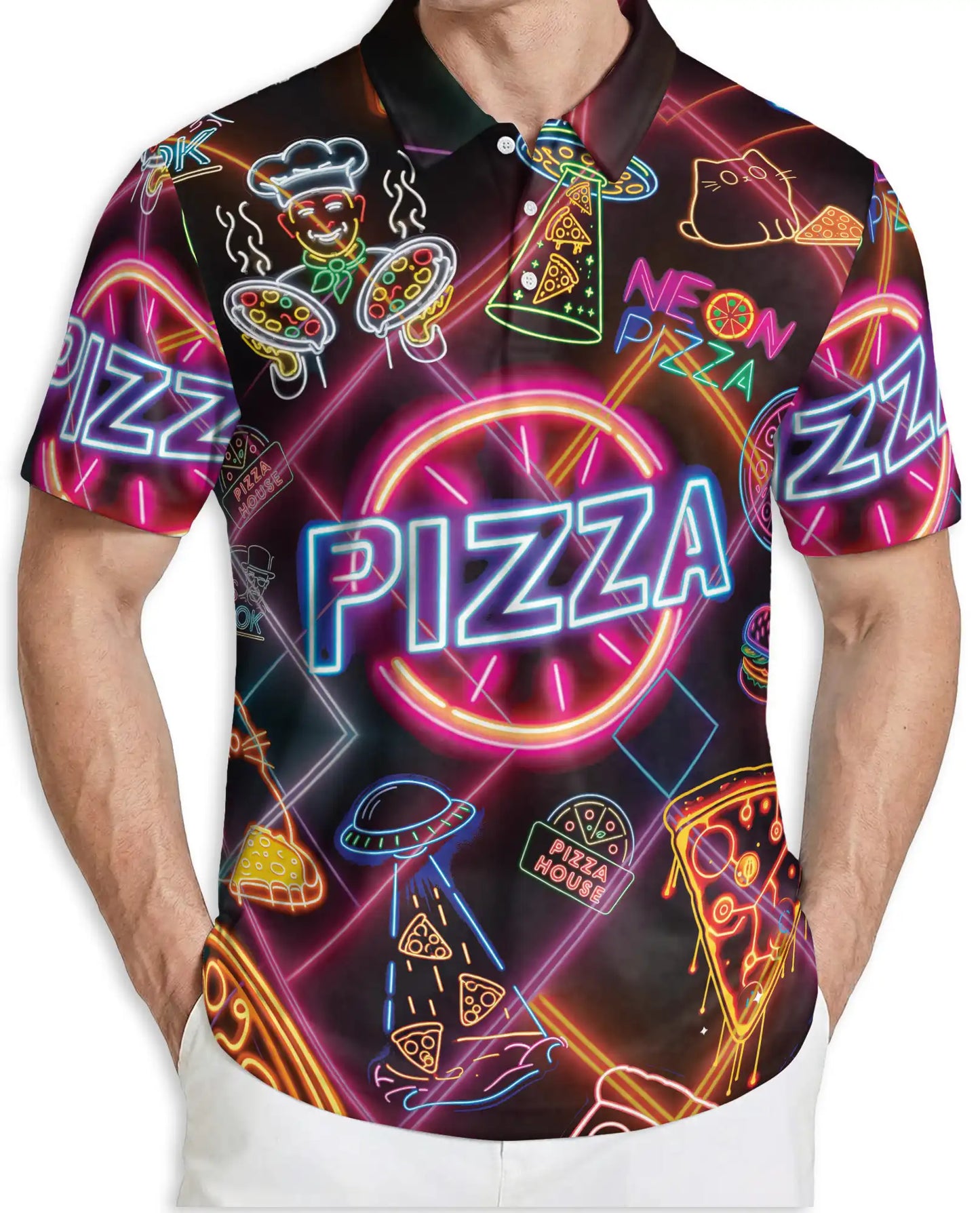 Neon Pizza Party 3D Polo Shirt for Men, Funny Retro Food Lover Style | Azhawaiian