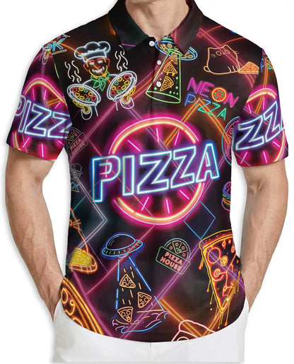 Neon Pizza Party 3D Polo Shirt for Men, Funny Retro Food Lover Style | Azhawaiian